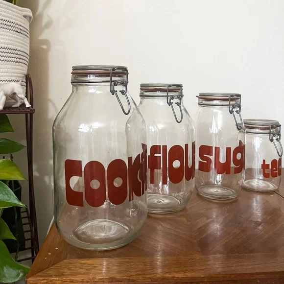 VINTAGE 60’s 70’s RARE mcm canister set block letter cookie sugar tea flour - Picture 2 of 11